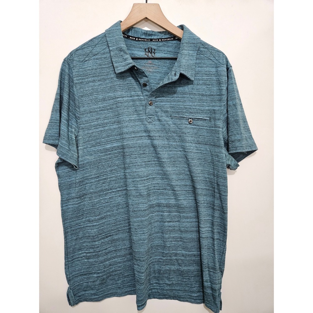 Rock & Republic Mens XXL Blue Moon Space Dye Short Sleeve Polo Shirt Pocket